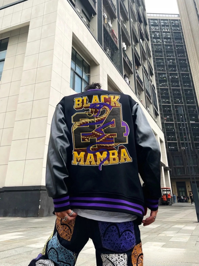Kobe baseball jersey with embroidered patch, PU leather sleeves and cotton jacket RC1087